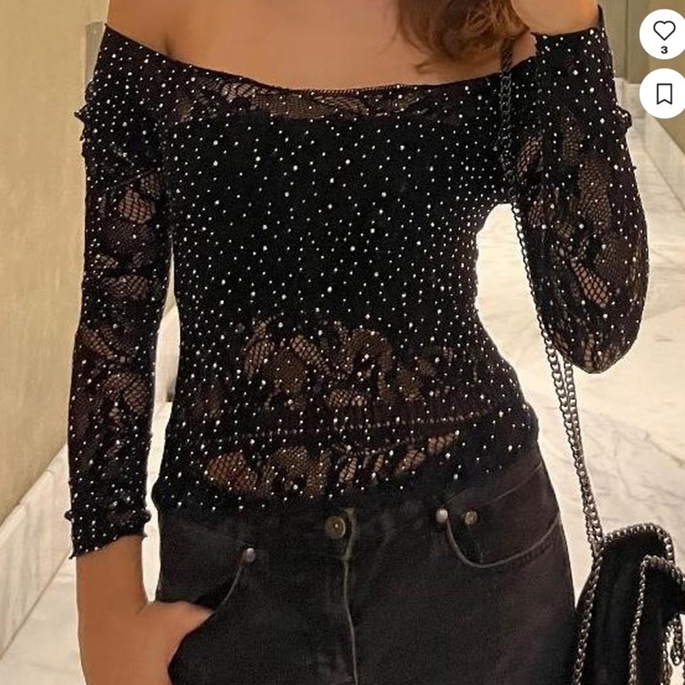 Zara Black Seamless Mesh Rhinestone Top XS